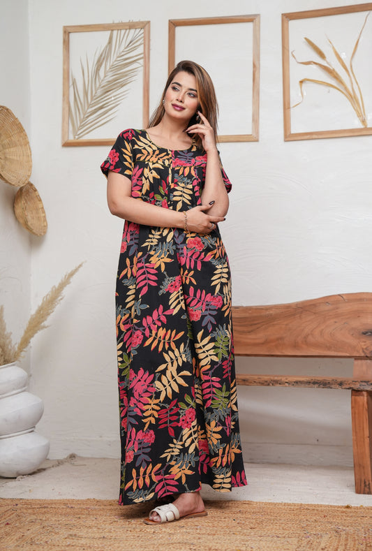 Neem Leaves Black Cotton Printed Nightwear Gowns