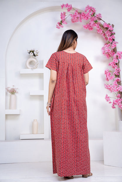 Drop Buti Red Cotton Printed Nightwear Gowns