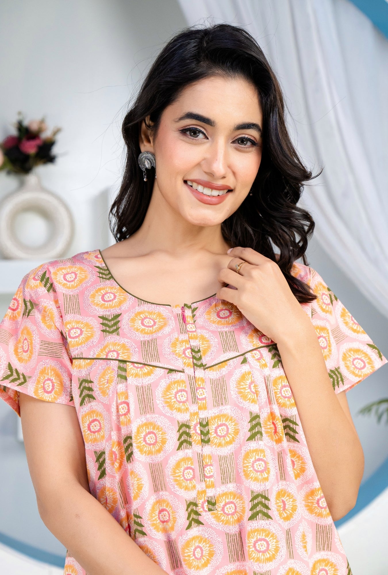Bloom Leaves Peach Cotton Printed Nightwear Gowns