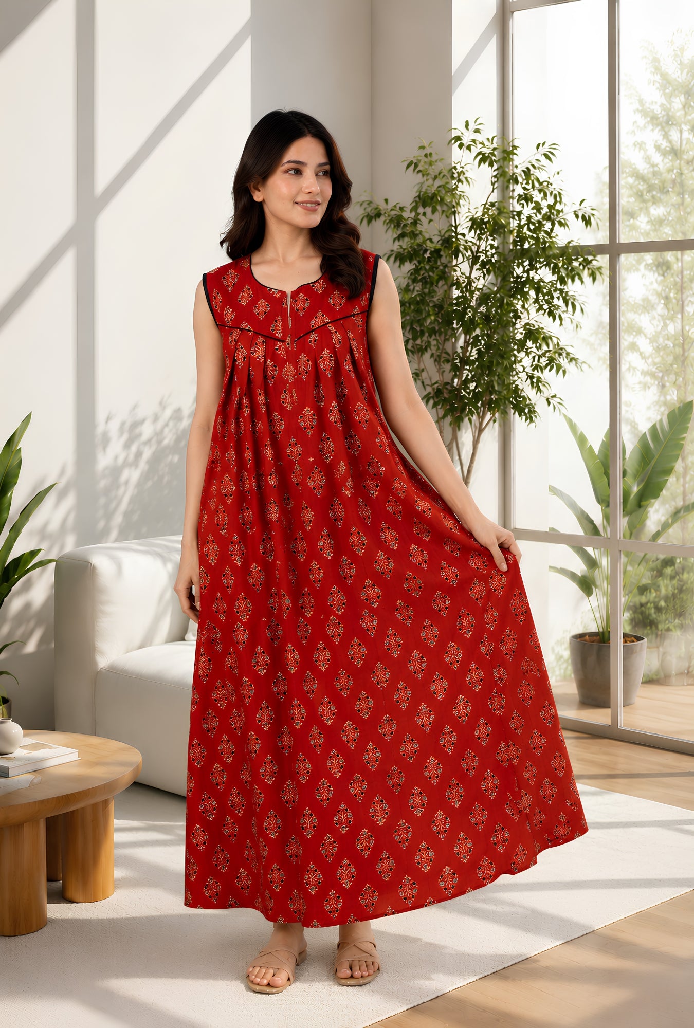Terracotta Bloom Rust Sleeveless Cotton Night Gown
