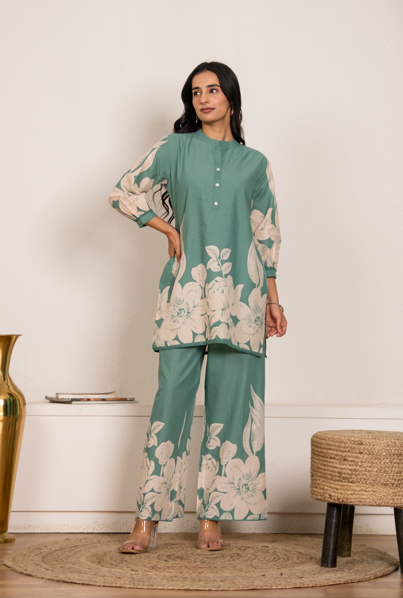 Cool Mint Sea Green Printed Cotton Co-ords Set