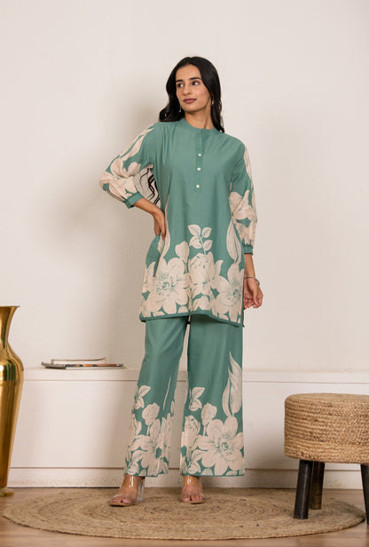 Cool Mint Sea Green Printed Cotton Co-ords Set