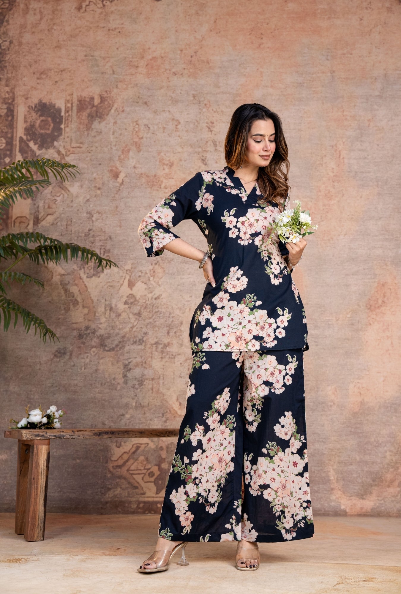 Rosella Navy Blue Printed Cotton Co-ords Set