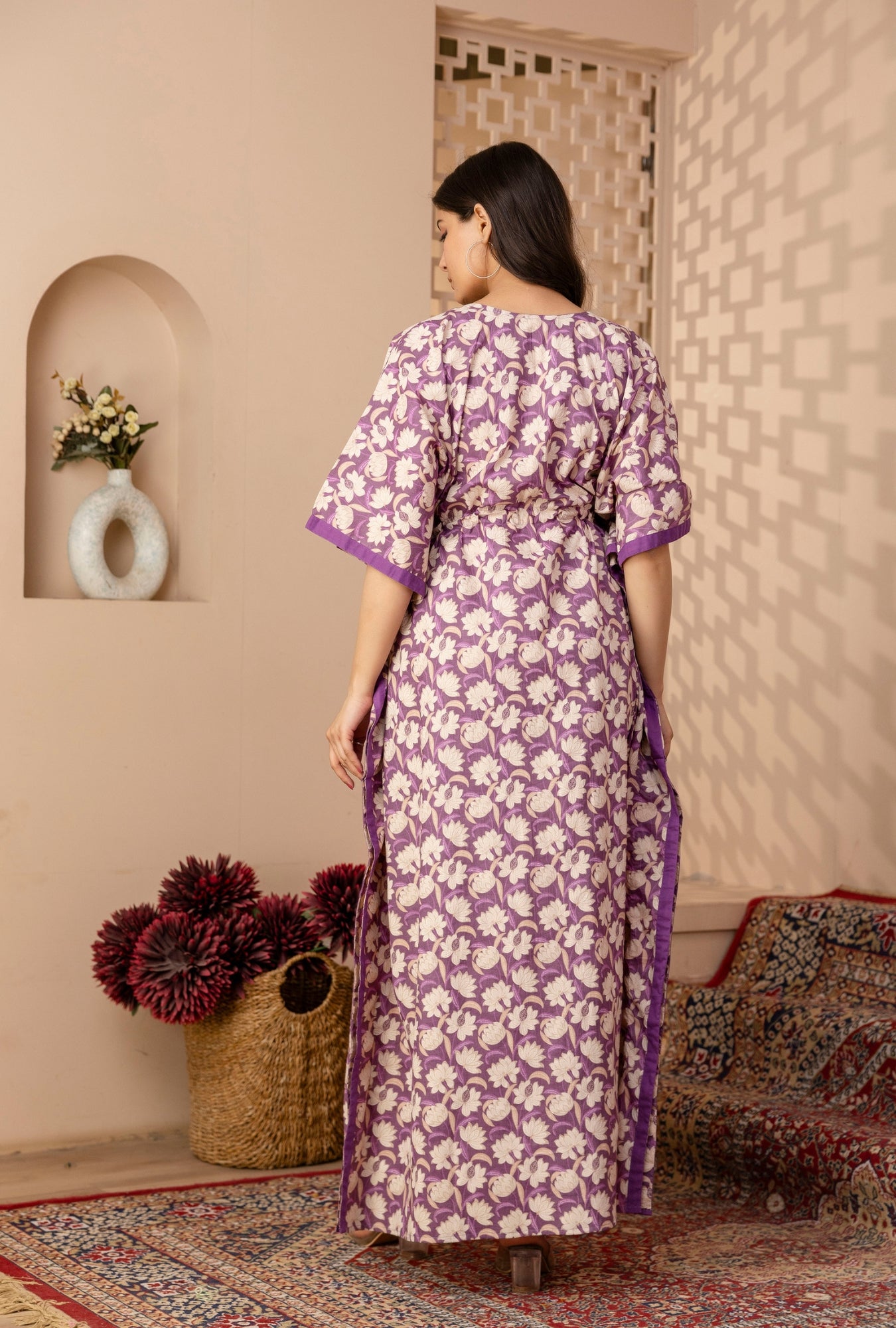 Modern Petals Purple Printed Cotton Loungewear Kaftan