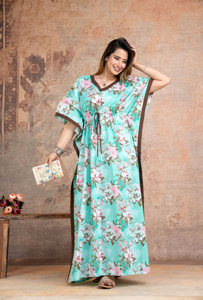 Blossom Flower Green Loungewear Cotton Kaftan