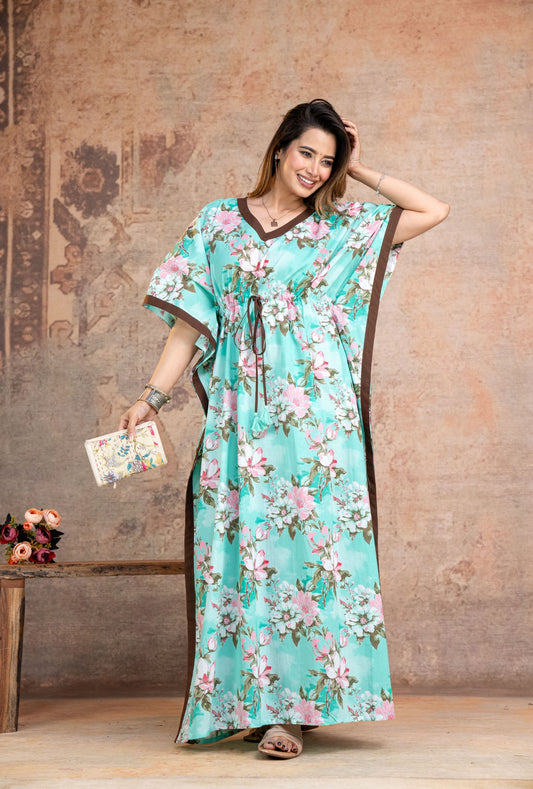 Blossom Flower Green Loungewear Cotton Kaftan