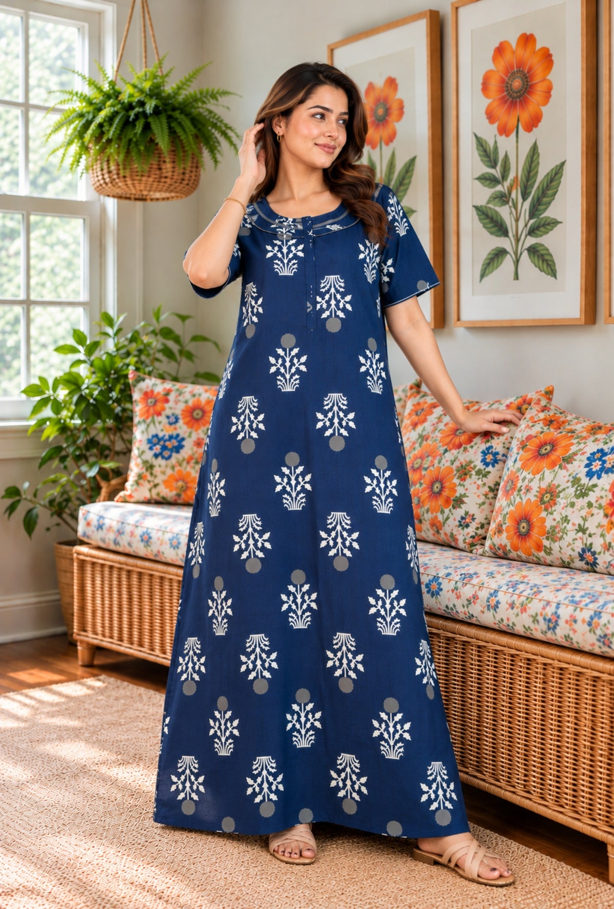 Imperial Bloom Blue Printed Cotton Night Gown