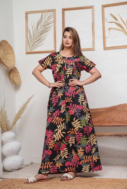Neem Leaves Black Cotton Printed Nightwear Gowns