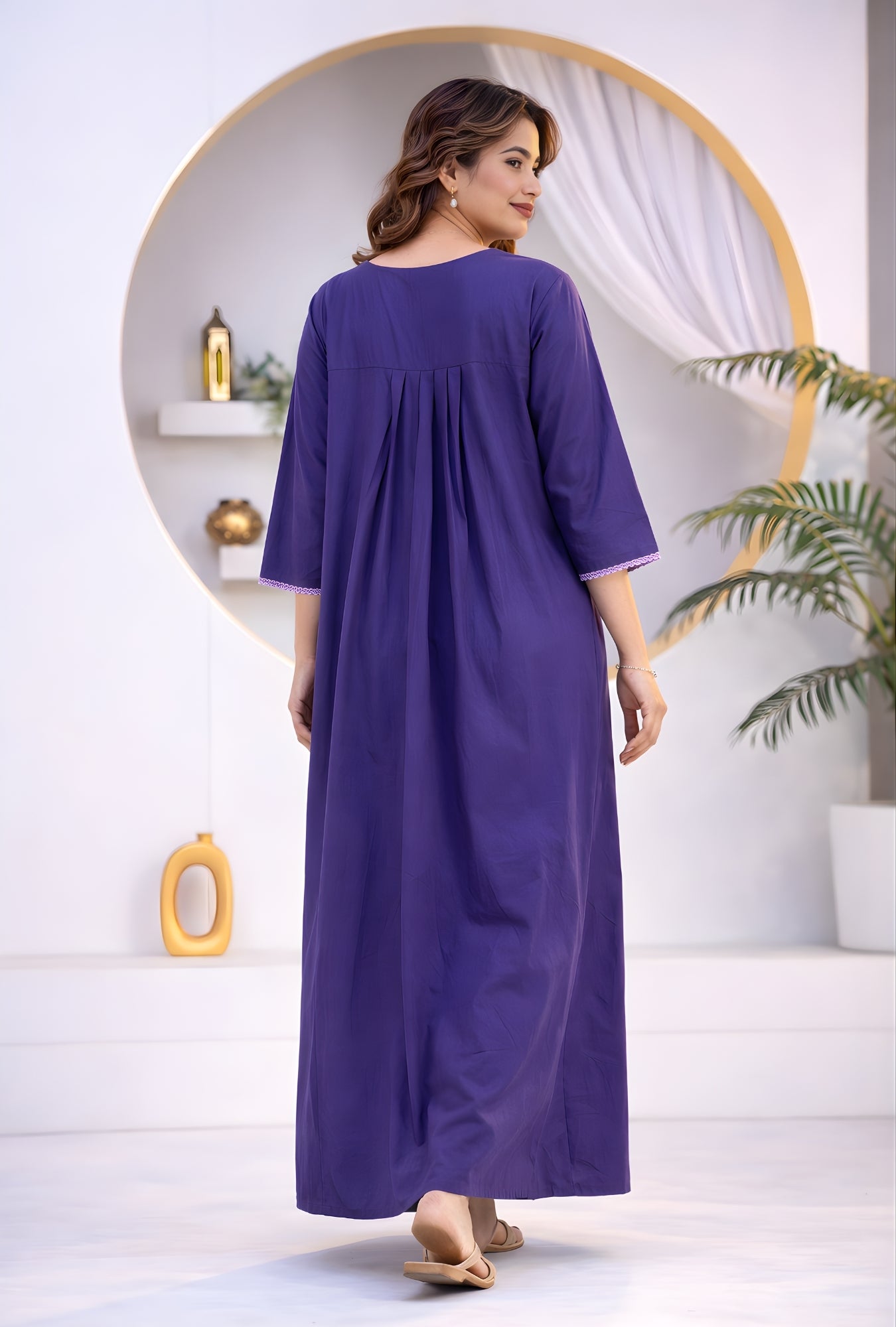 Royal Purple Floral Embroidery Yoke Cotton Night Gown