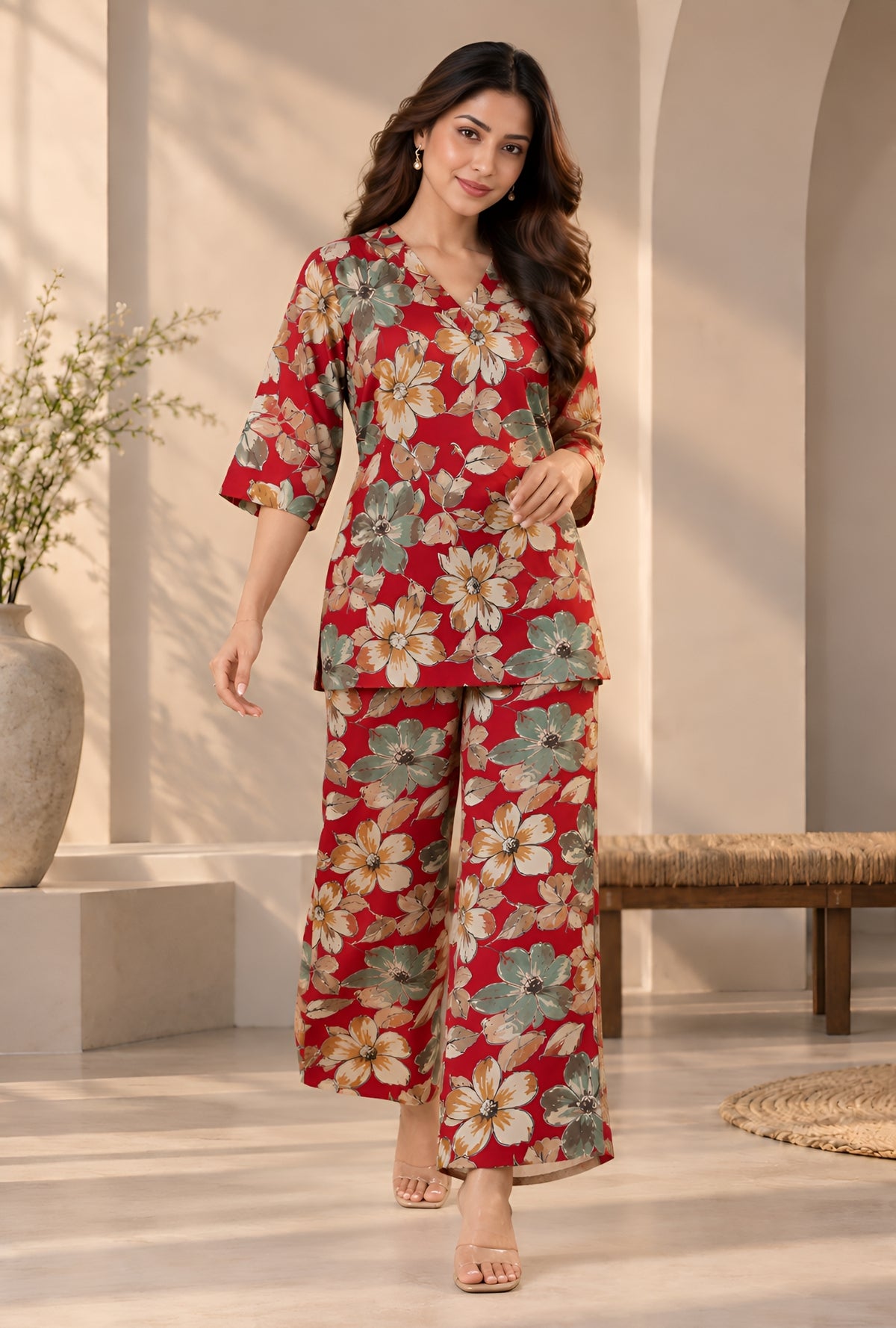 Lapis Flora Red Printed Cotton Co-ords Set