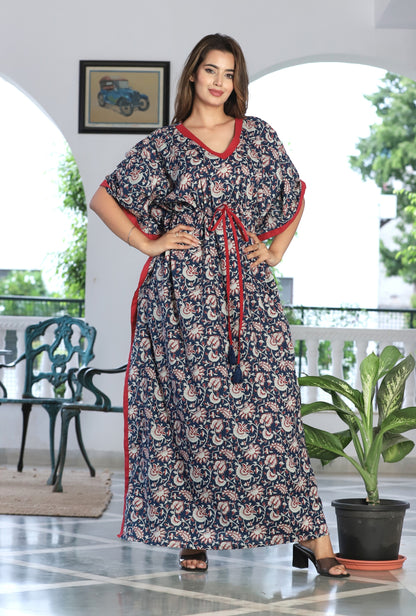 Kalamkari Blue Printed Cotton Loungewear Kaftan