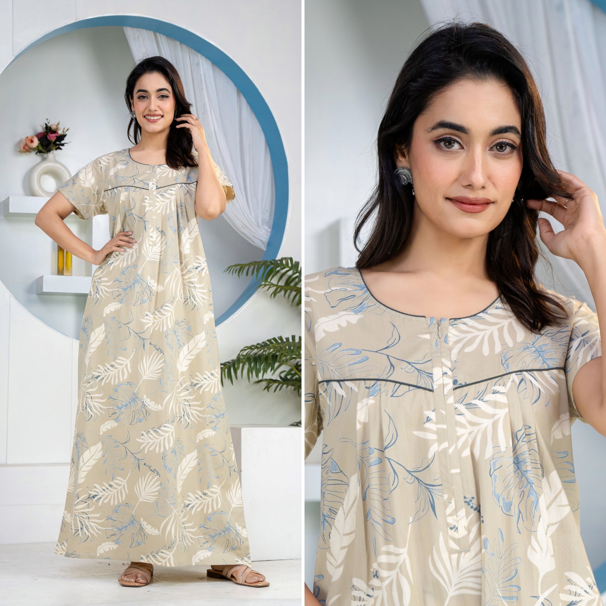 Plum Leaf Grey Cotton Printed Nightwear Gowns