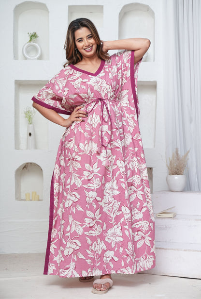 Pastel Flower Rose Loungewear Cotton Kaftan