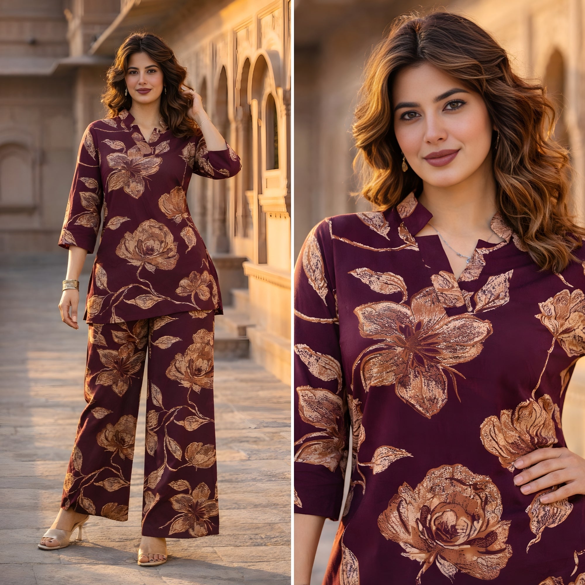 Botanic Muse Maroon Printed Cotton Co-ords Set