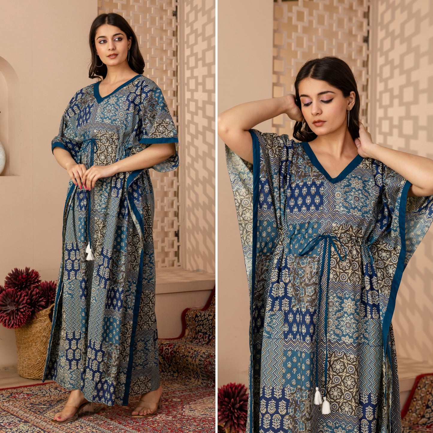 Wanderlust Blue Printed Cotton Loungewear Kaftan