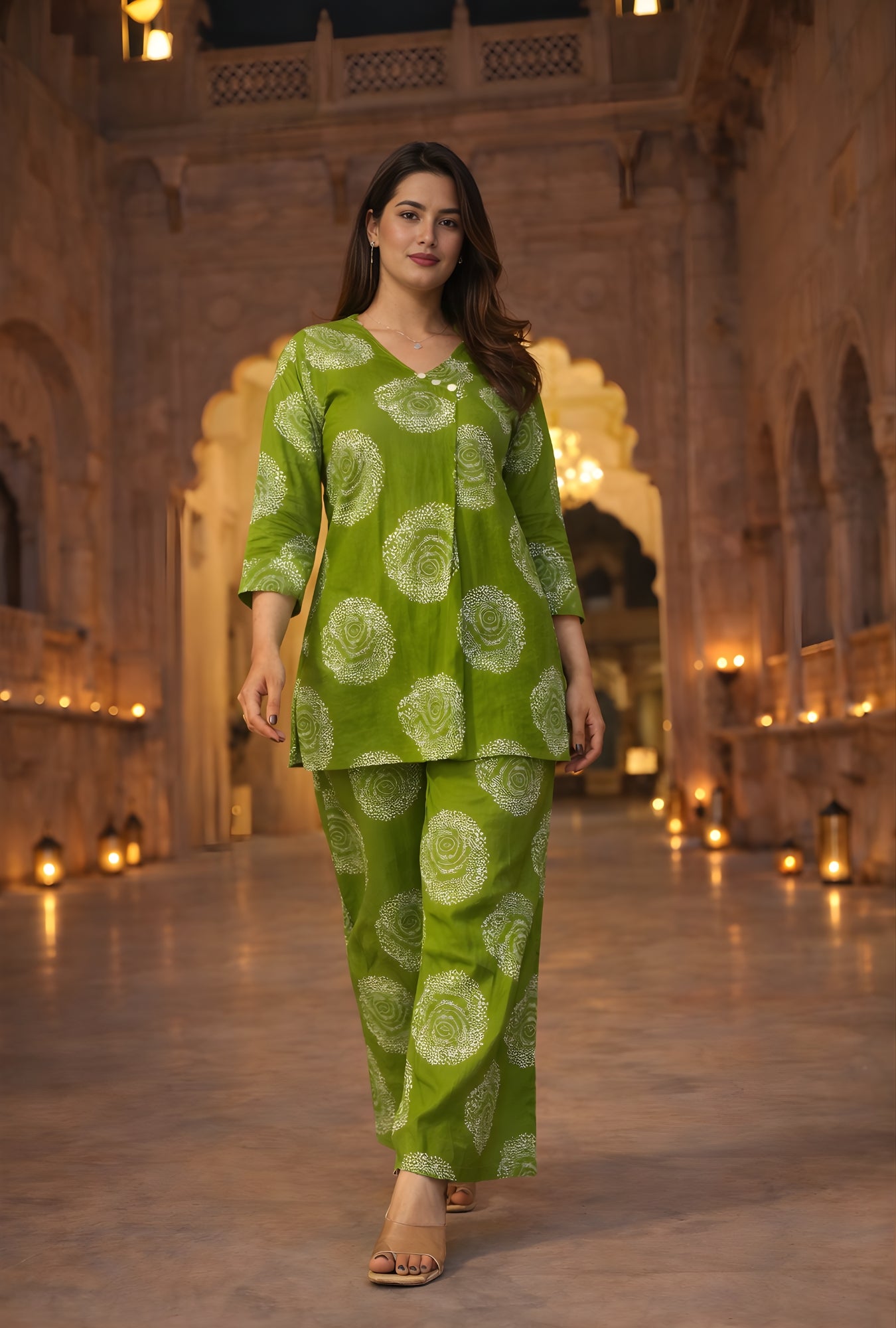 Meher Dotted Floral Green Cotton Co-ords Set