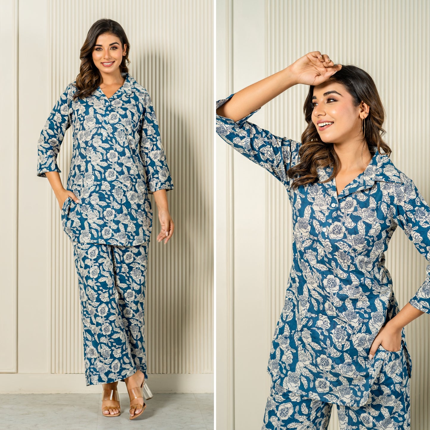 Floral Sonata Teal Cotton Loungewear Co-ords Set