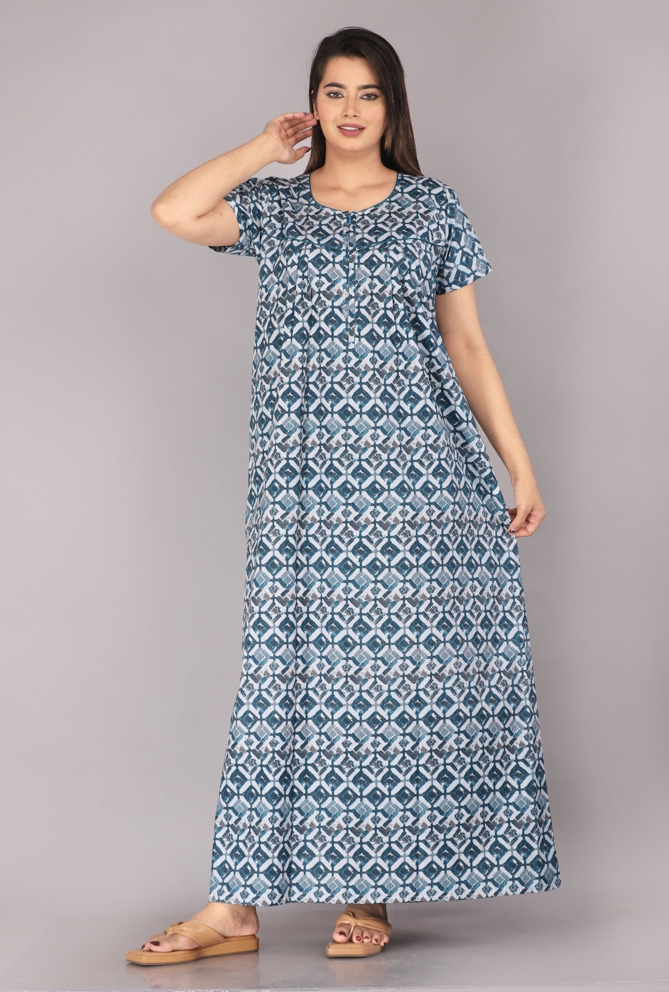 Cross Blocks Blue Cotton Printed Nightwear Gowns