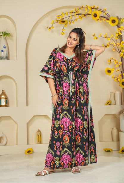 Ikkat Black Loungewear Cotton Kaftan