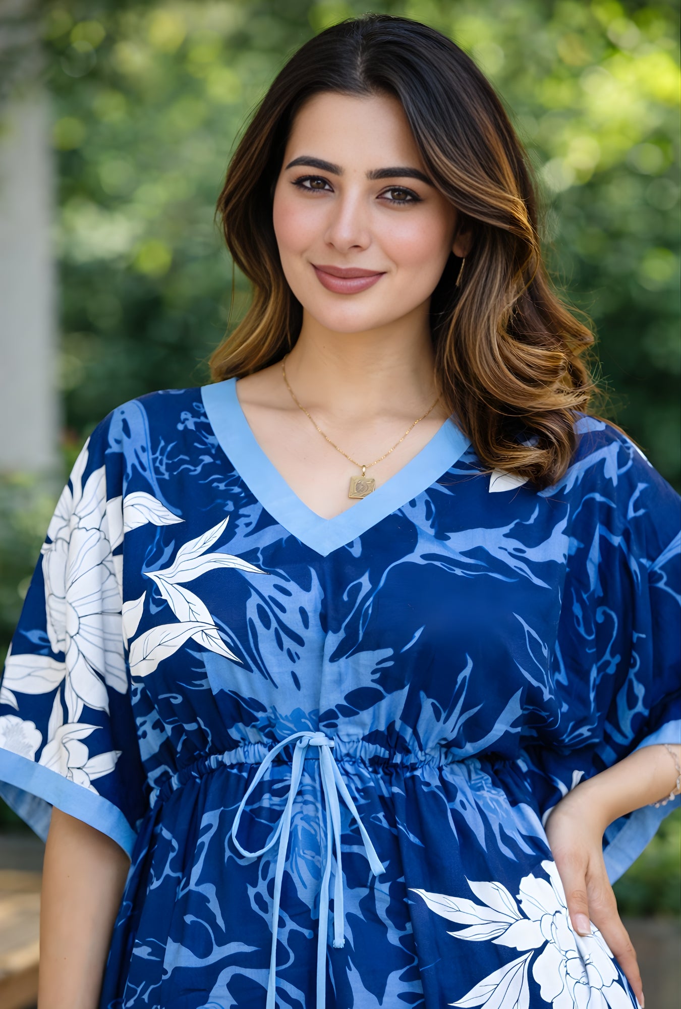 Palm Breeze Blue Loungewear Cotton Kaftan