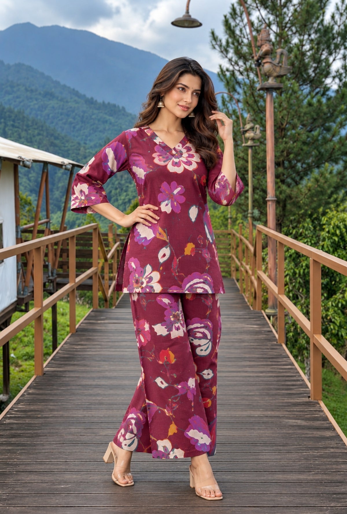 Sapphire Jardin Wine Printed Cotton Co-ords Set