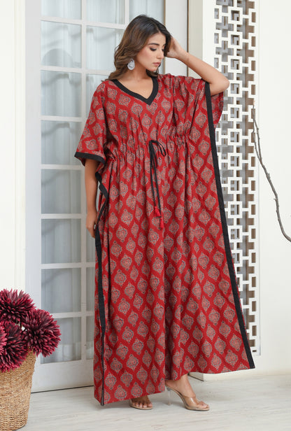 Ajrak Buta Maroon Printed Cotton Loungewear Kaftan