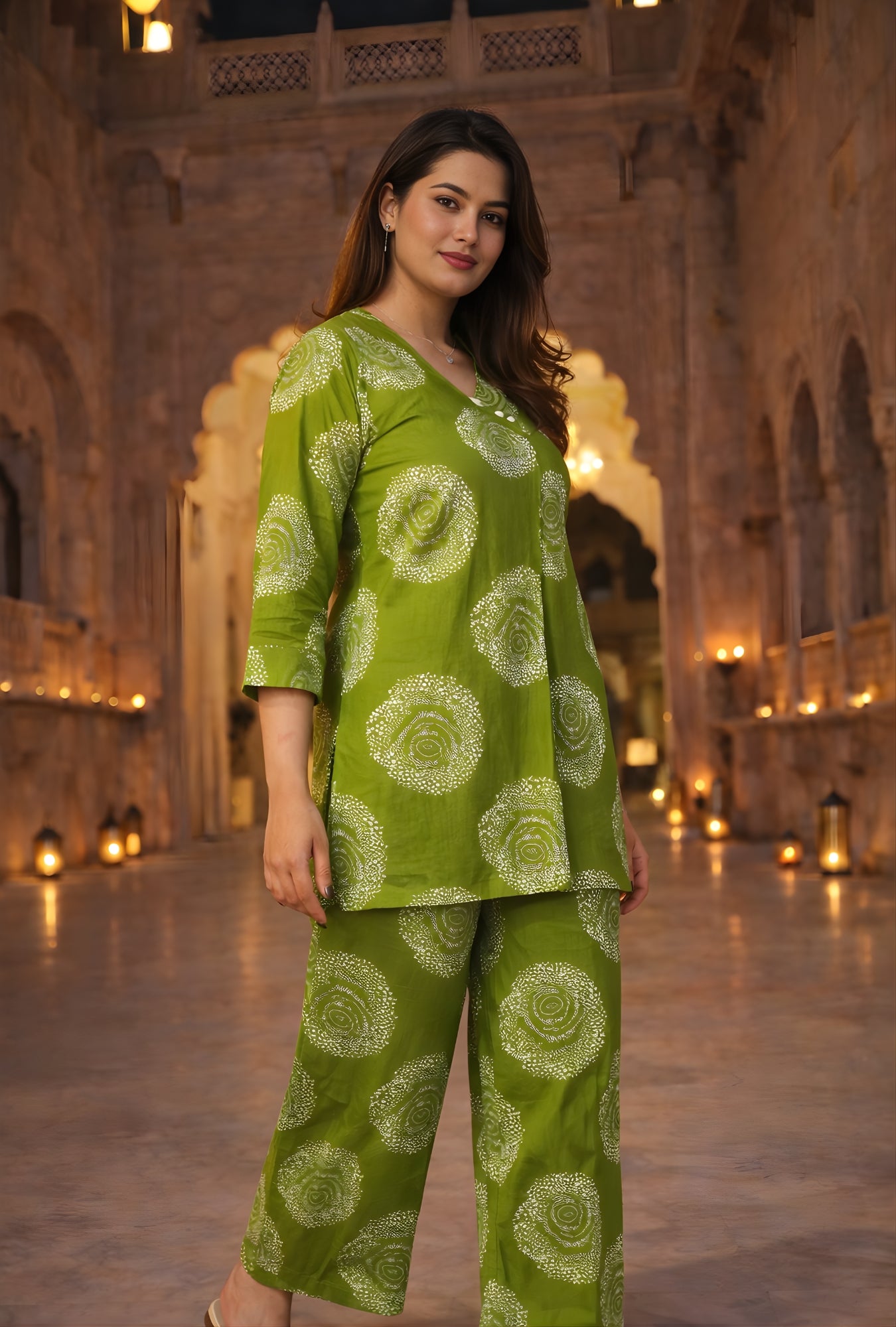 Meher Dotted Floral Green Cotton Co-ords Set