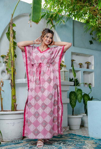 Pastel Bloom Pink Cotton Loungewear Kaftan