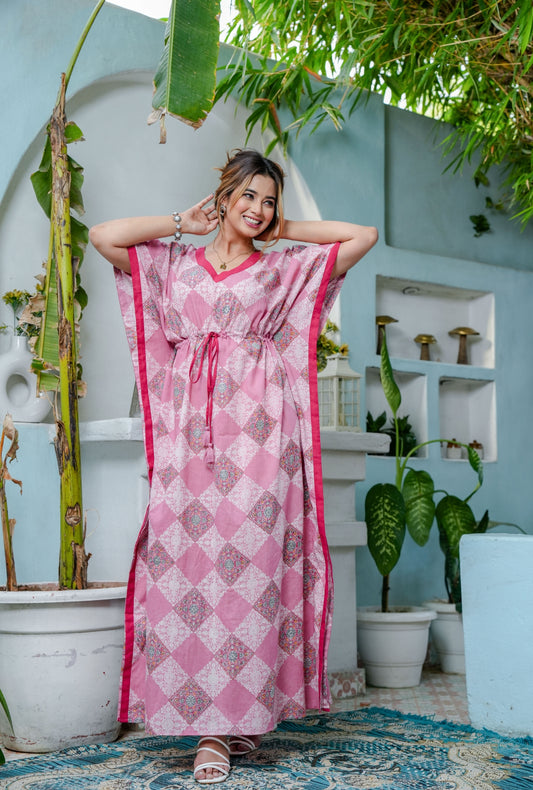 Pastel Bloom Pink Cotton Loungewear Kaftan