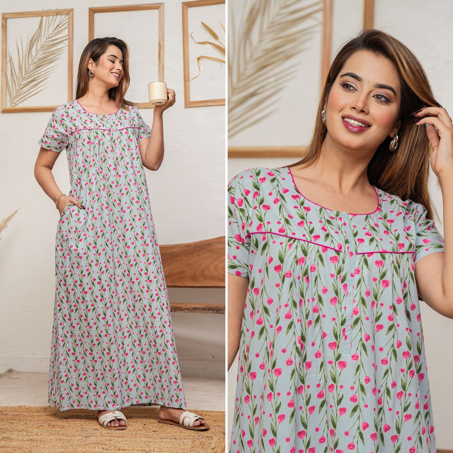 Lily Beil Grey Cotton Printed Nightwear Gowns