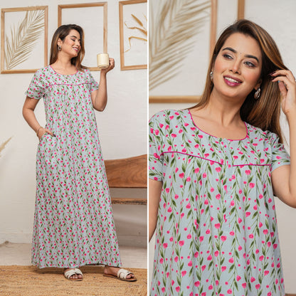 Lily Beil Grey Cotton Printed Nightwear Gowns