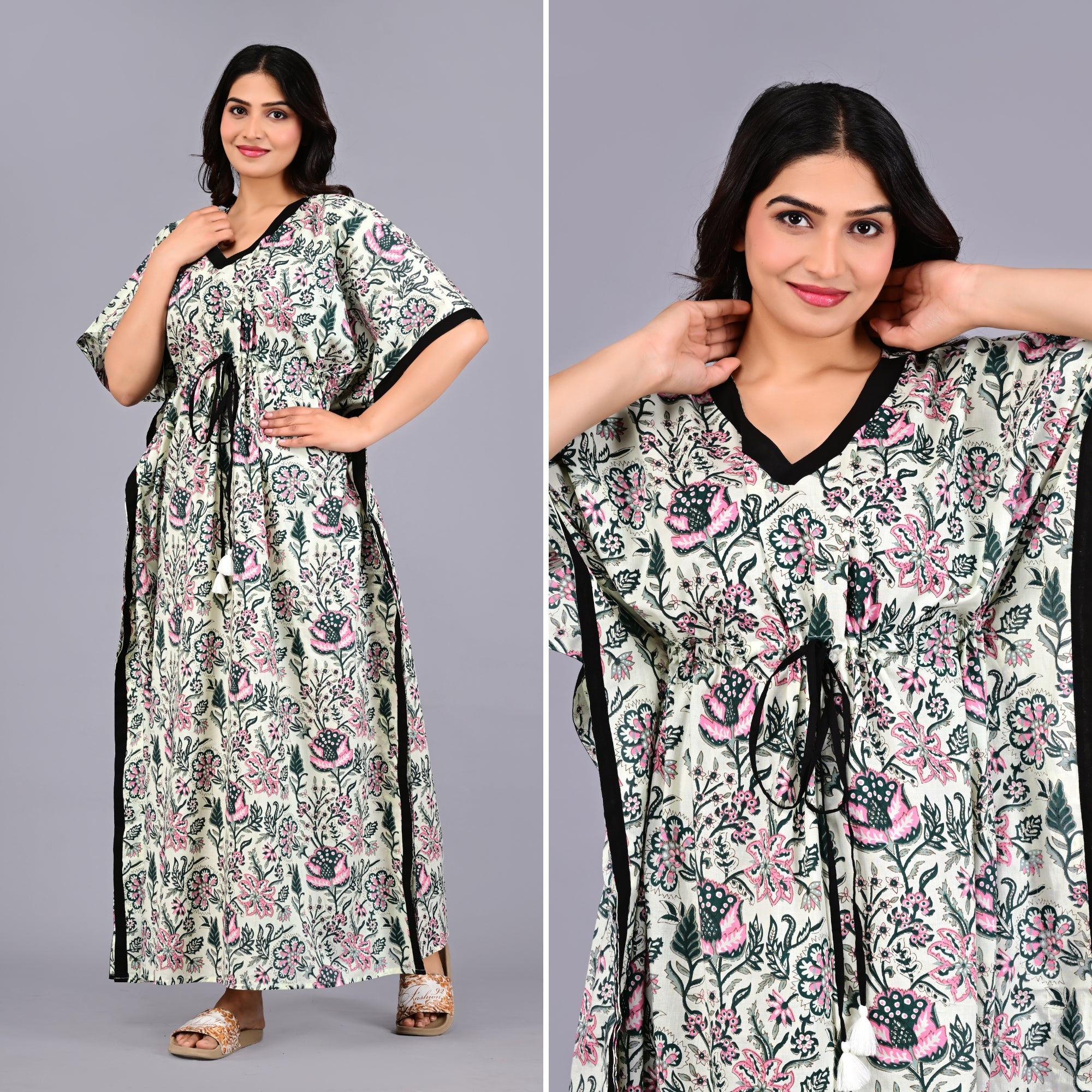 Gulmohar Cream Loungewear Cotton Kaftan