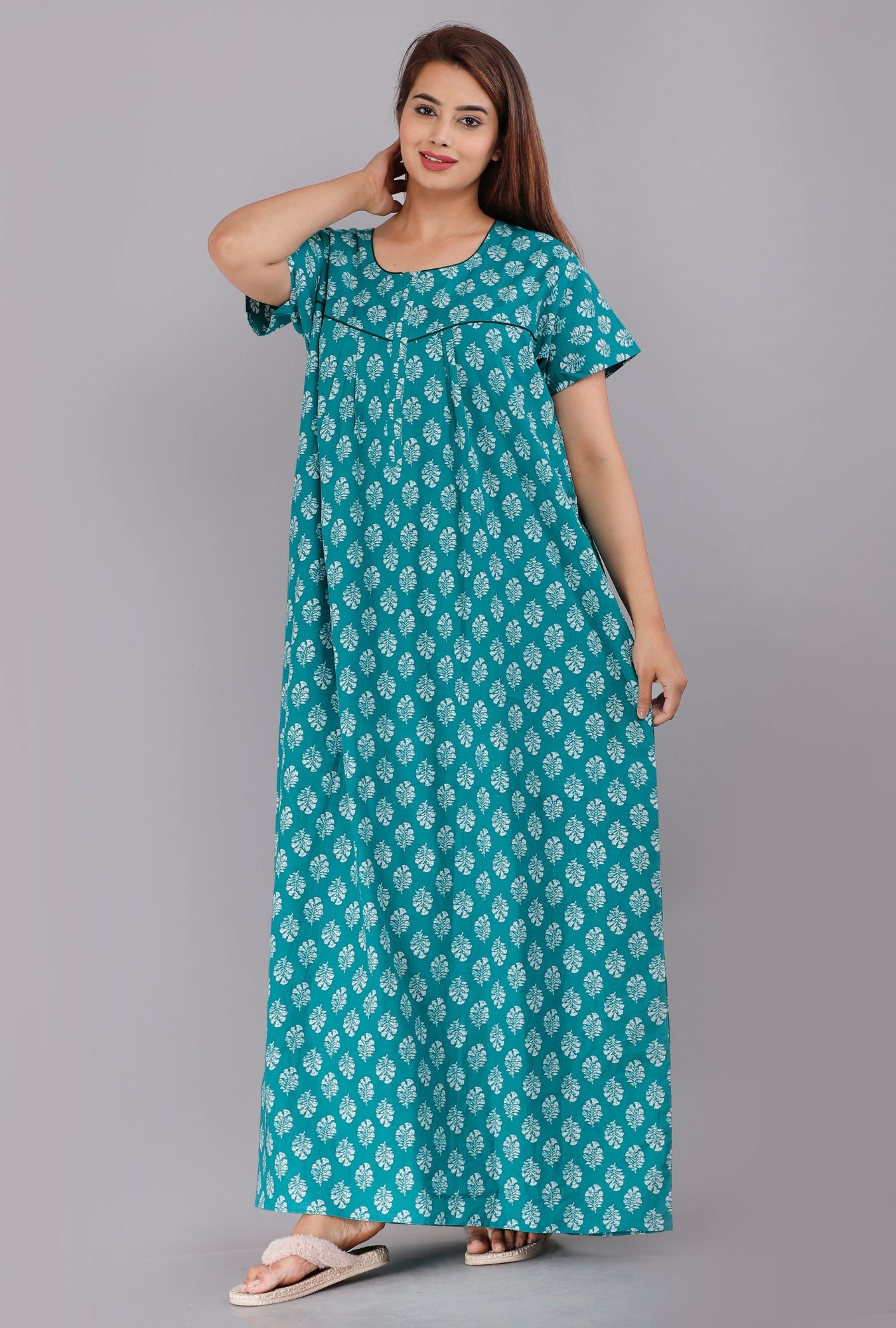 Gulmohar Sea Green Cotton Printed Nightwear Gowns