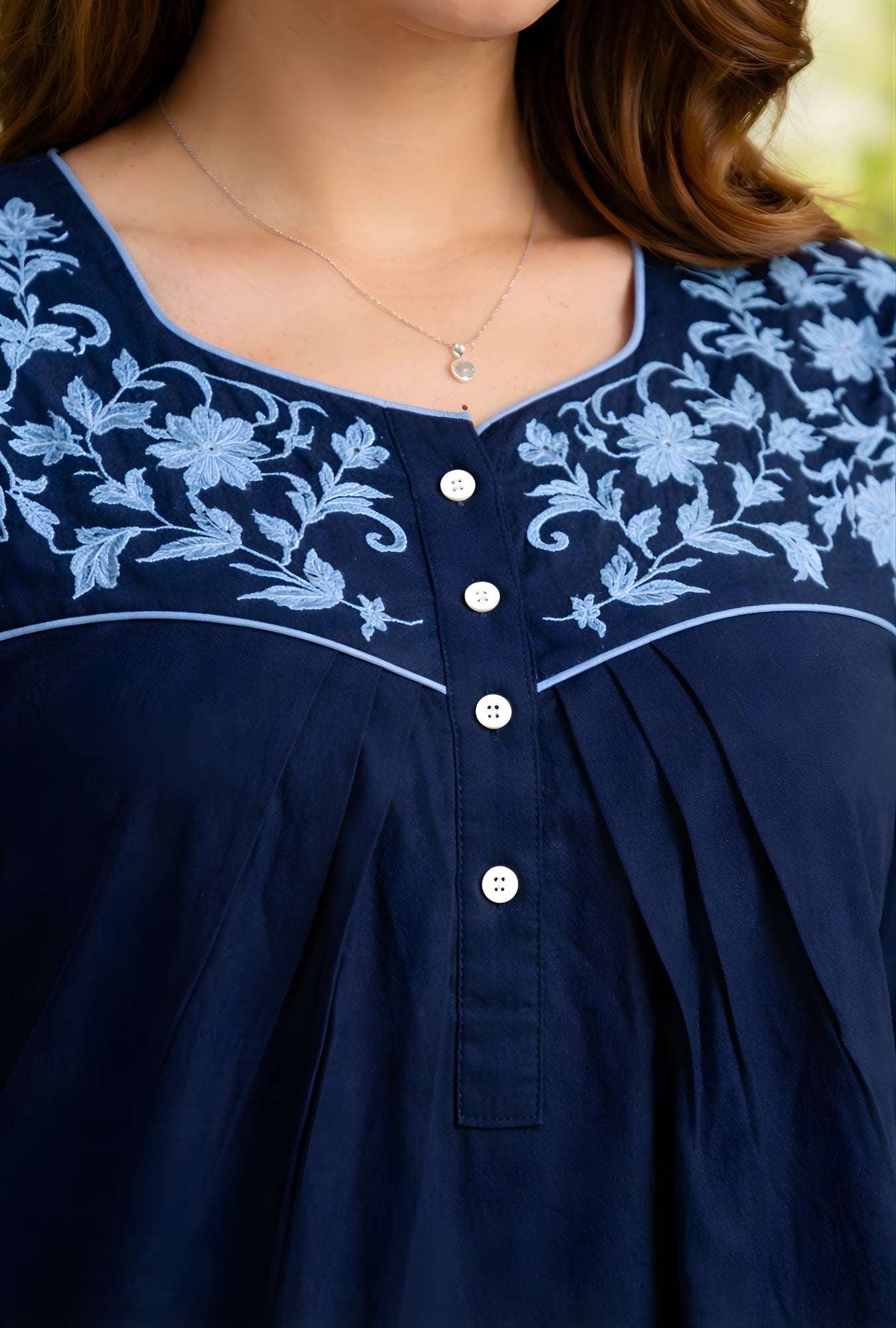 Navy Blue Floral Embroidery Yoke Cotton Night Gown