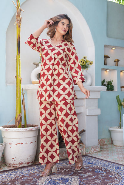 Cubika Maroon Printed Cotton Co-ords Set