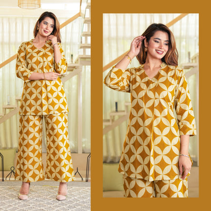 Cubika Mustard Printed Cotton Co-ords Set