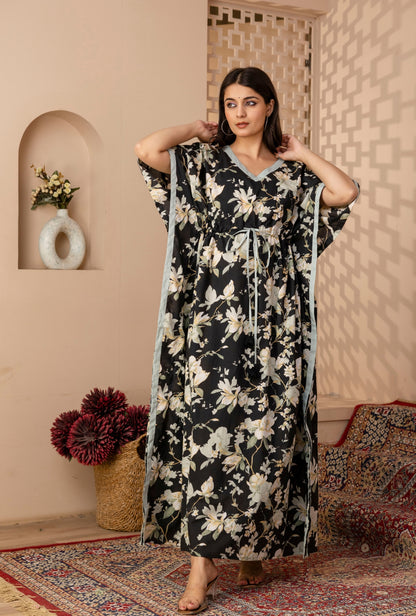 Black Botanica Printed Cotton Loungewear Kaftan