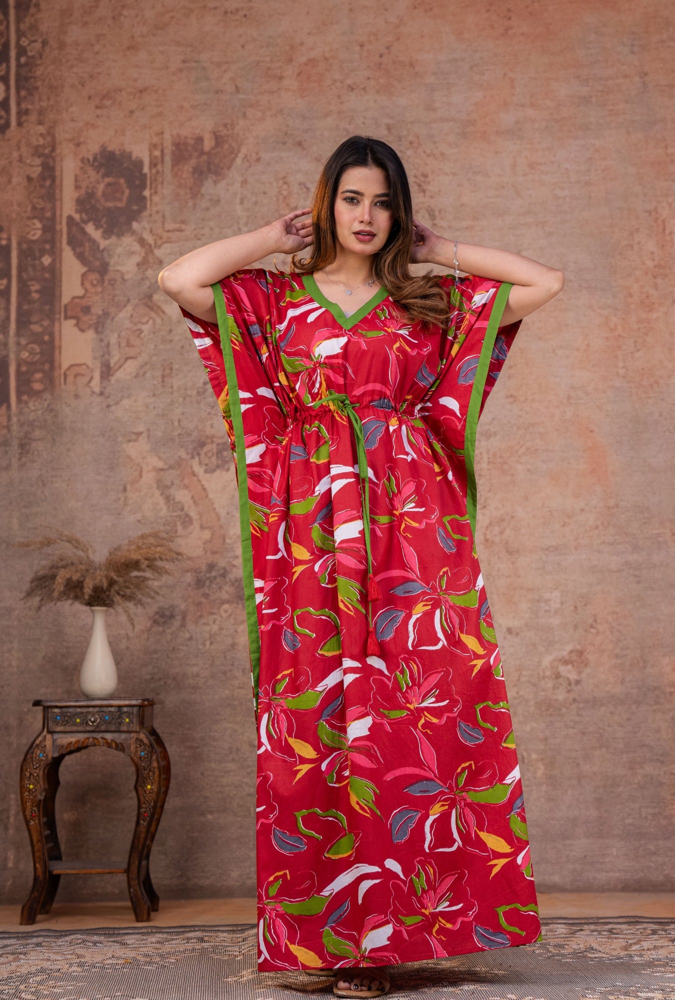 Gulnaar Floral Red Loungewear Cotton Kaftan