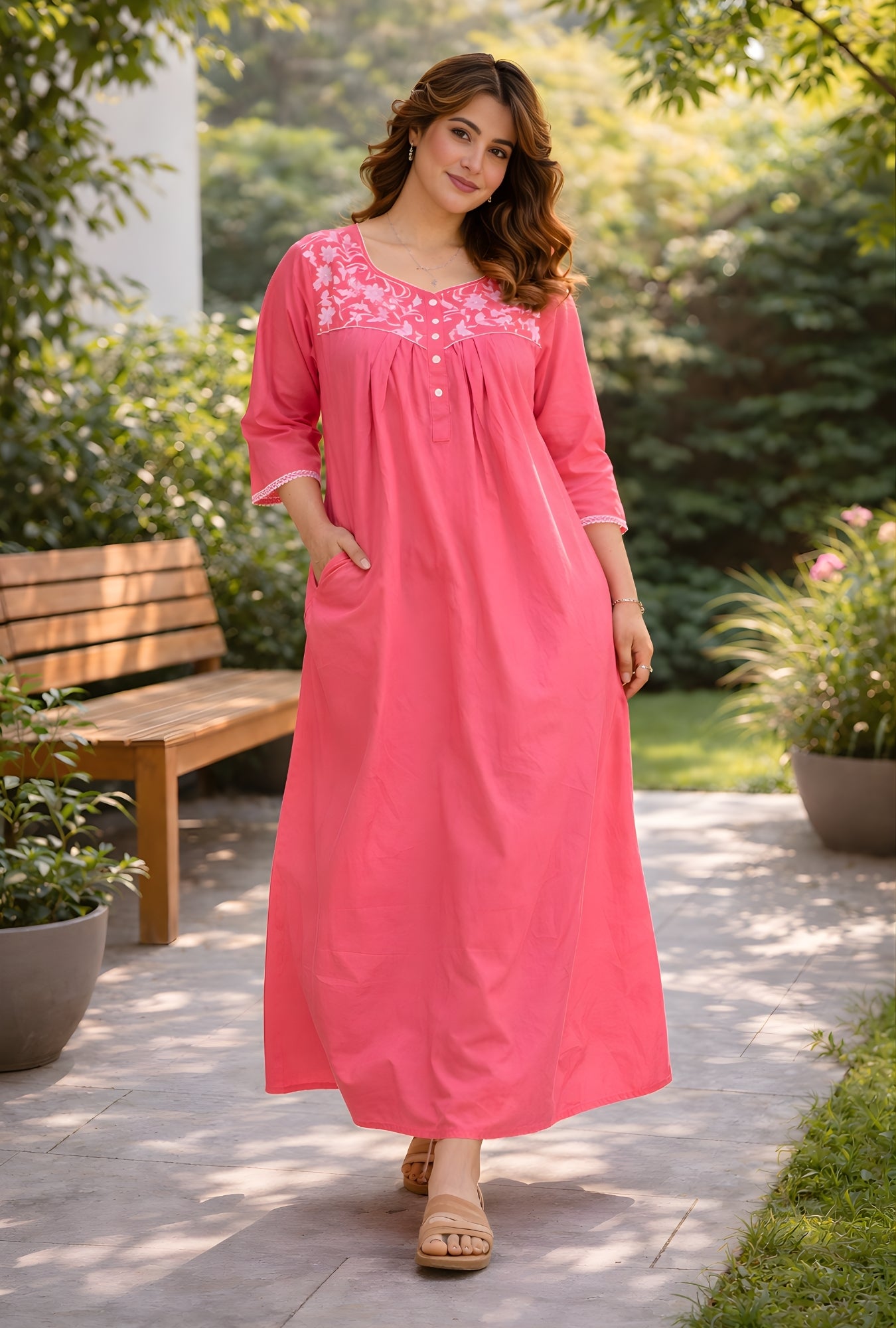 Flamingo Pink Floral Yoke Cotton Night Gown
