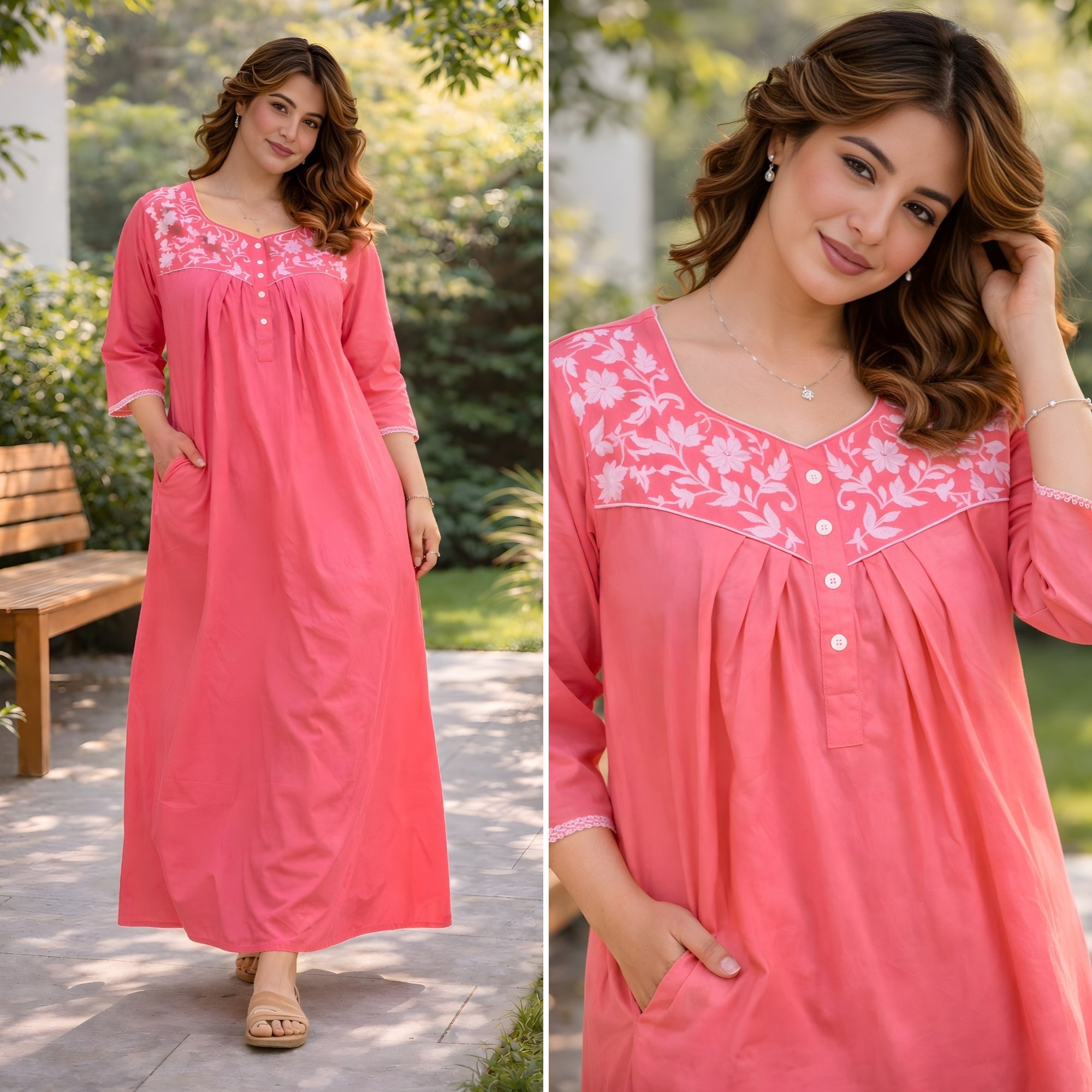 Flamingo Pink Floral Yoke Cotton Night Gown