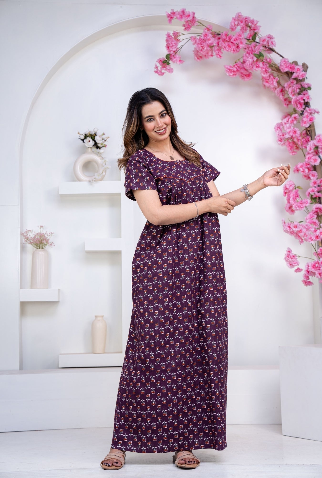 Dandelion Purple Cotton Printed Nightwear Gowns