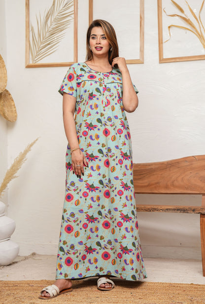 Paisley Flower Pista Cotton Printed Nightwear Gowns