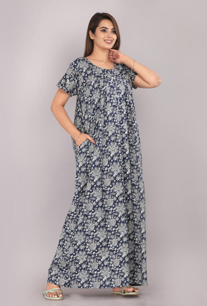 Chakra Flower Blue Cotton Printed Night Gowns