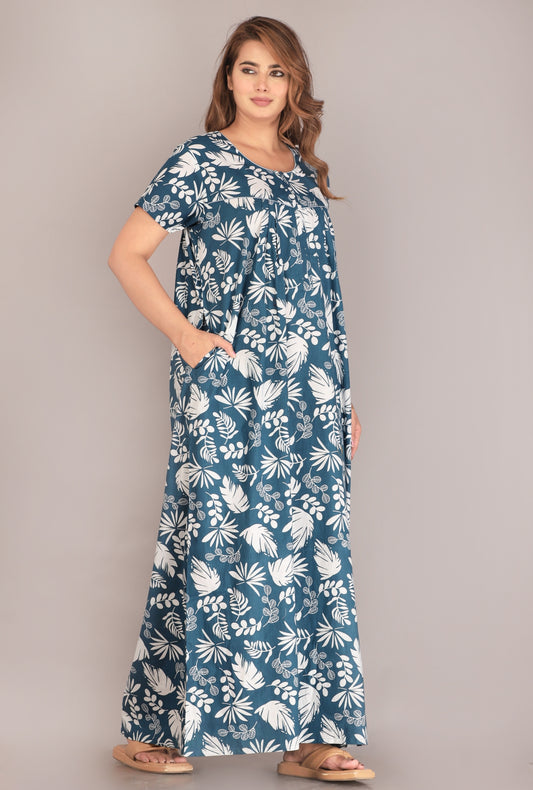 Pine Leaf Blue Cotton Printed Nightwear Gowns