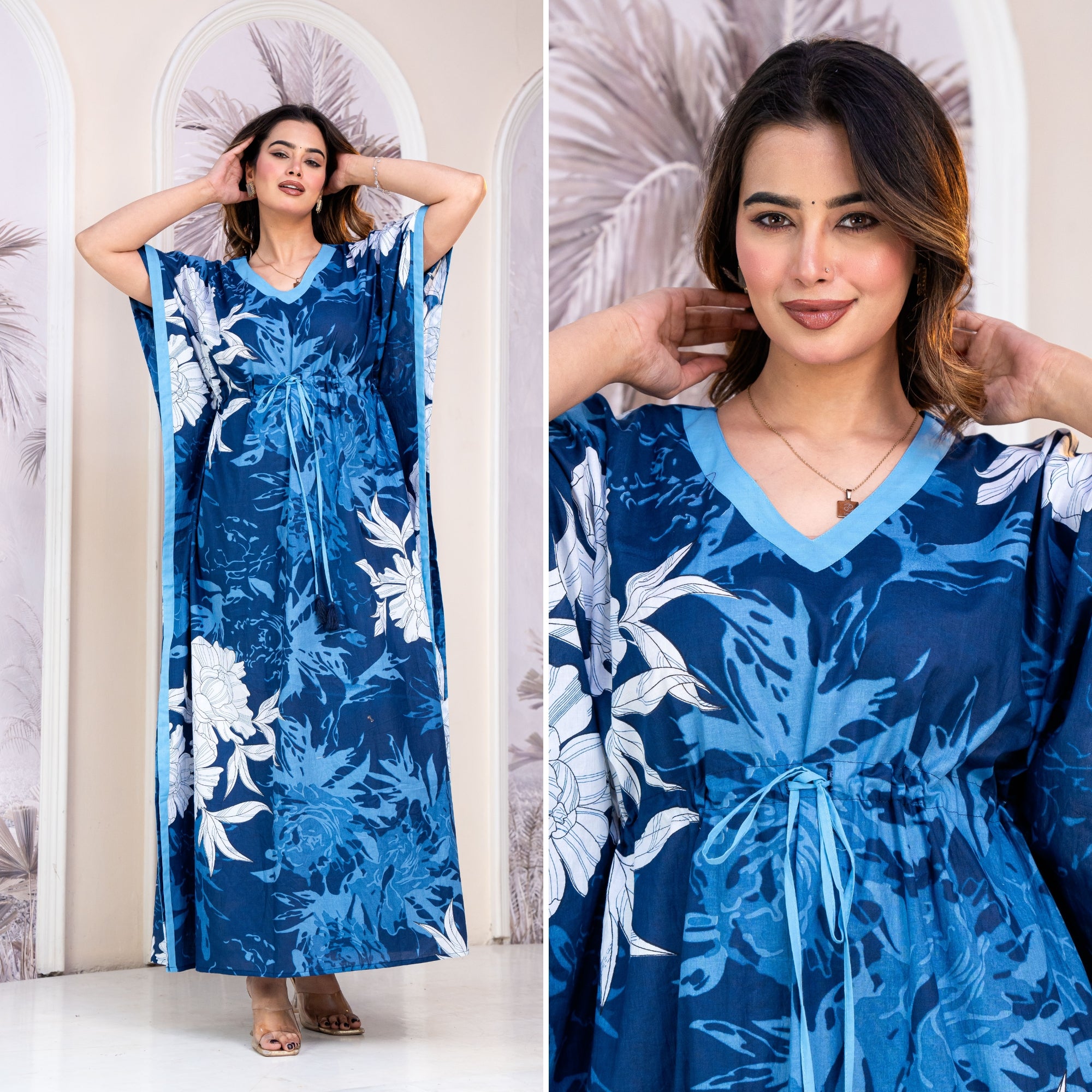 Palm Breeze Blue Loungewear Cotton Kaftan