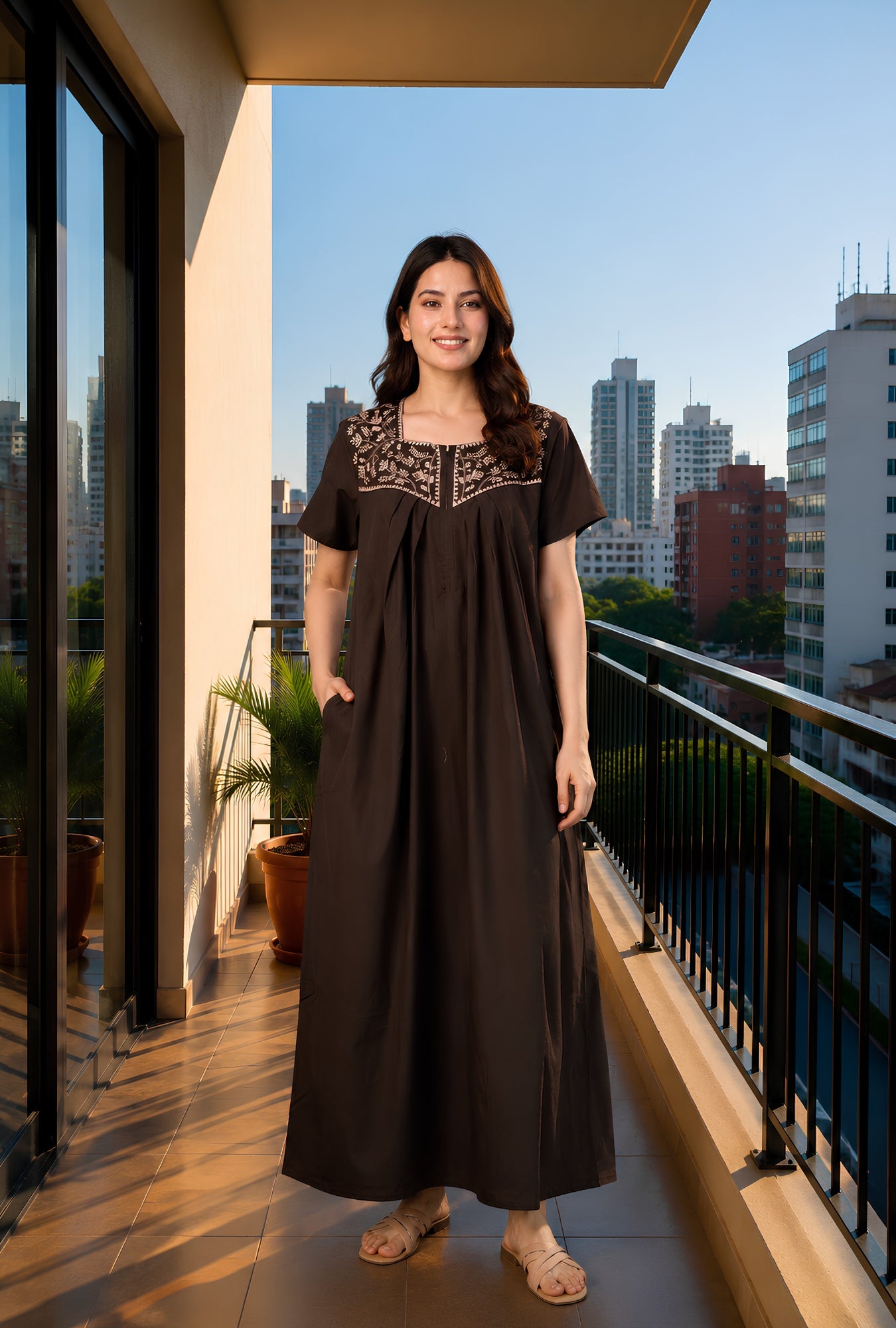 Crimson Bloom Coffee Embroidery Yoke Cotton Night Gown