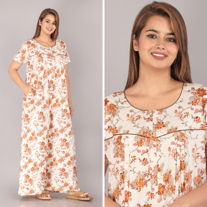 Wasp Flower Cream Cotton Printed Nightwear Gowns