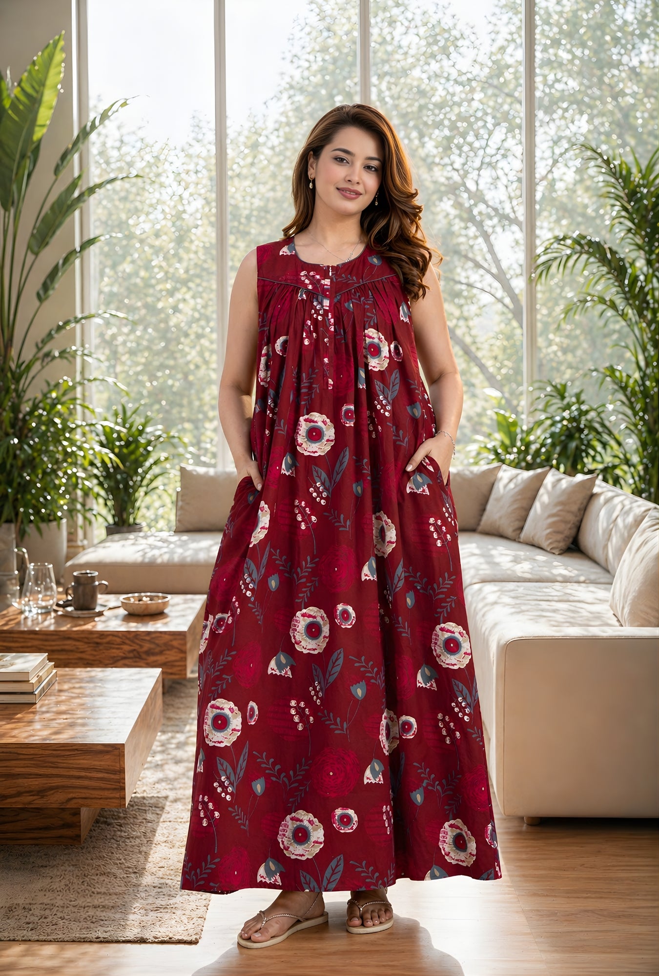 Ruby Petal Maroon Cotton Night Gown