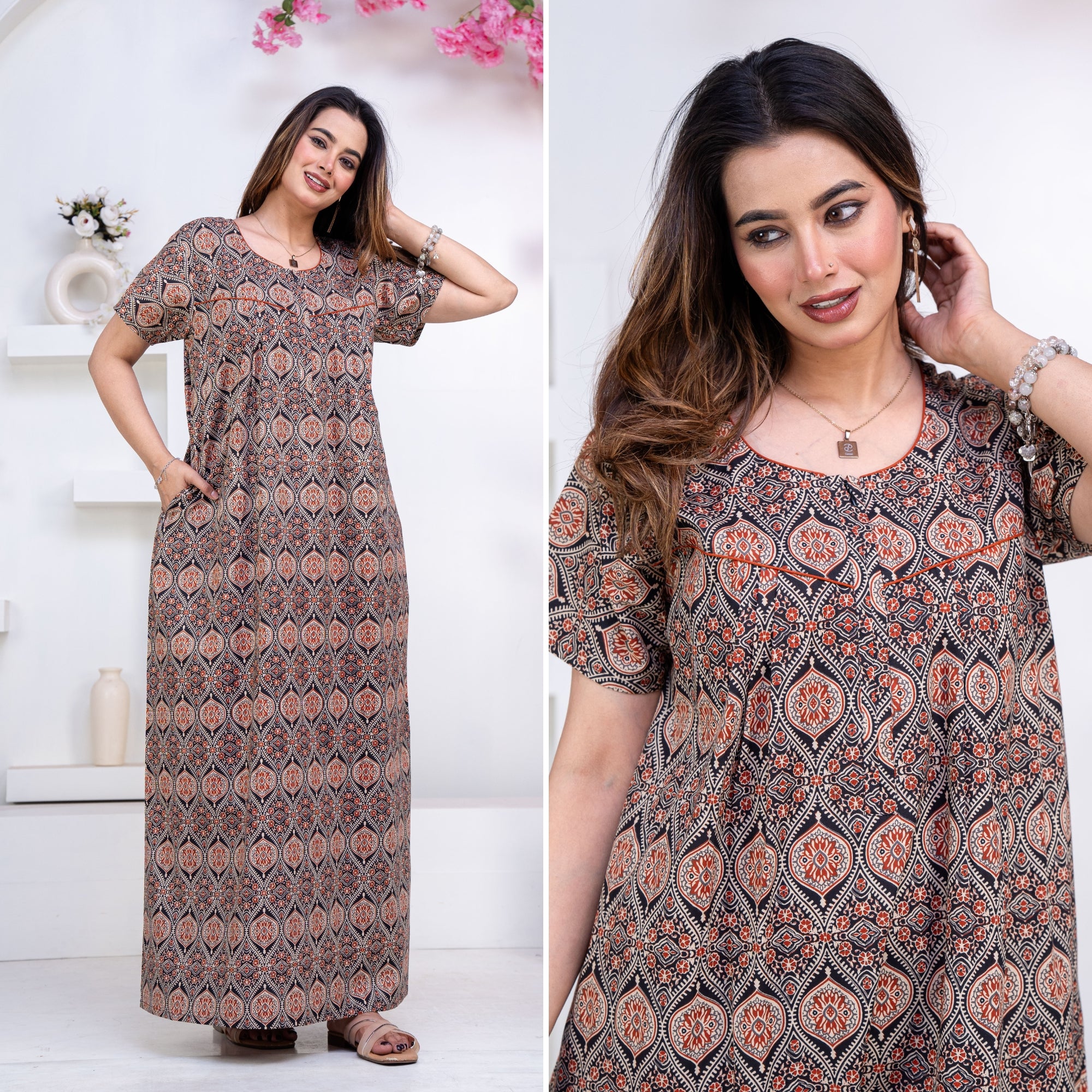 Ajrak Black Cotton Printed Nightwear Gowns