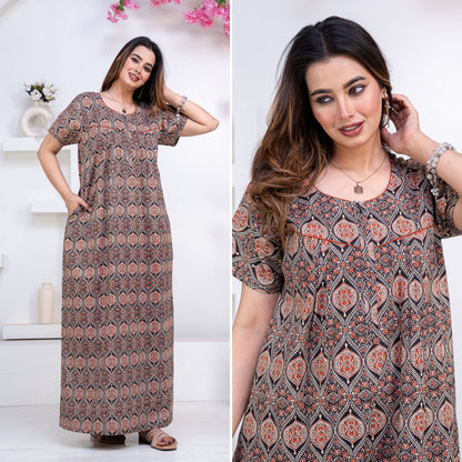 Ajrak Black Cotton Printed Nightwear Gowns